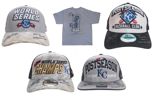 Lot of (5) Christian Colon Postseason Used & Signed Kansas City Royals Celebrations Hats & World Series Champion Shirt (Anderson Authentics)